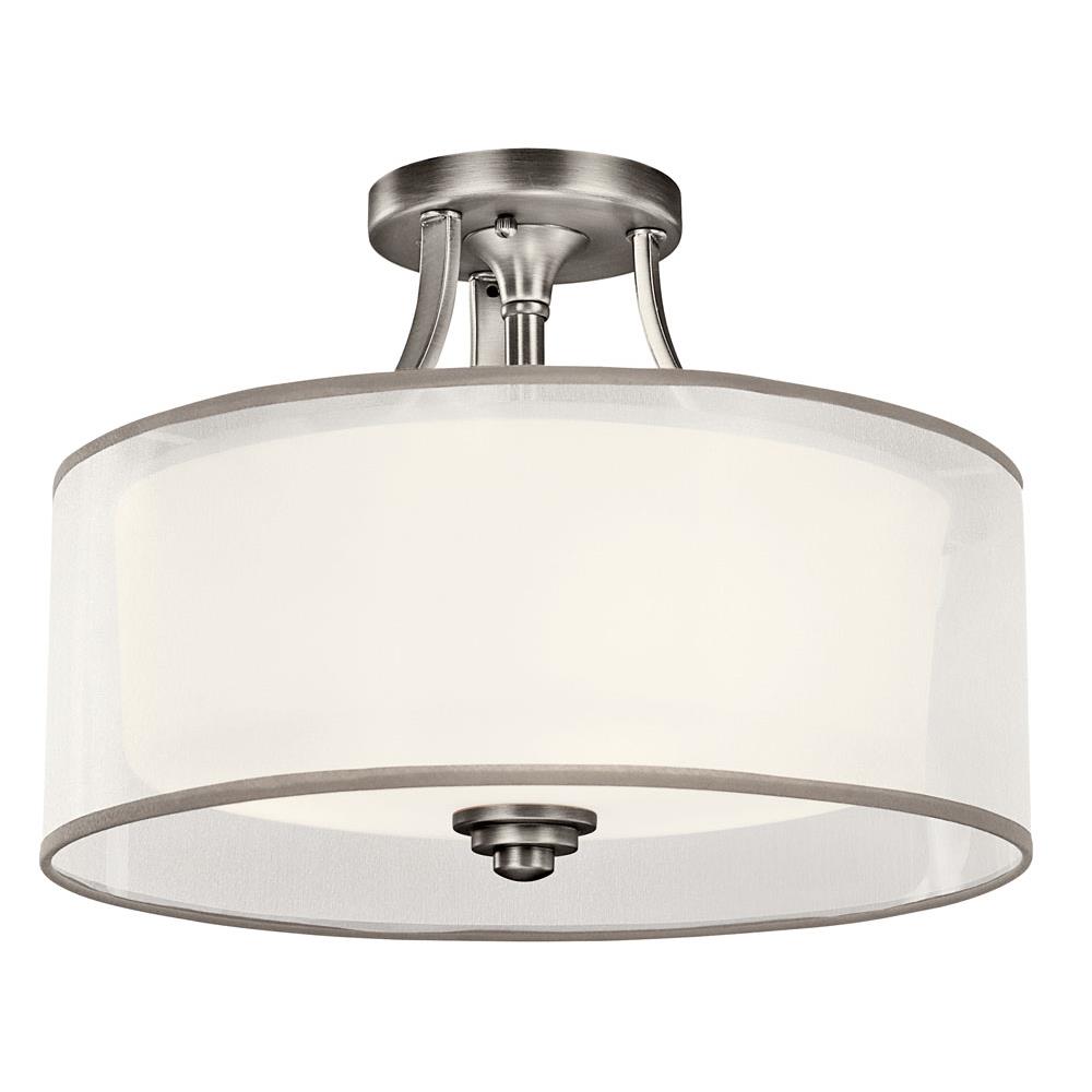 Kichler 42386AP Lacey 15" 3 Light Semi Flush with Satin Etched Cased Opal Inner Diffusers and White Translucent Organza Outer Shade in Antique Pewter in Antique Pewter