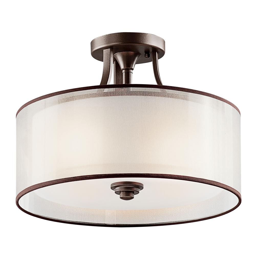 Kichler 42386MIZ Lacey 15" 3 Light Semi Flush with Satin Etched Cased Opal Inner Diffusers and Light Umber Translucent Organza Outer Shade in Mission Bronze in Mission Bronze