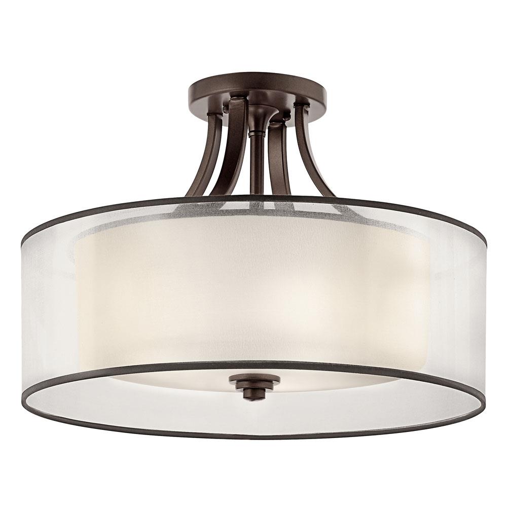 Kichler 42387MIZ Lacey 20" 4 Light Semi Flush with Satin Etched Cased Opal Inner Diffusers and Light Umber Translucent Organza Outer Shade in Mission Bronze in Mission Bronze