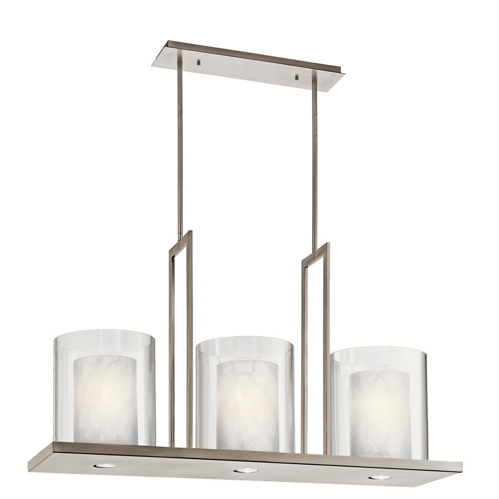Kichler 42548CLP Triad 40" 6 Light Linear Chandelier with Uplights and Downlights and Clear Glass Outer and White Vetro Mica Inner Shades in Classic Pewter in Classic Pewter