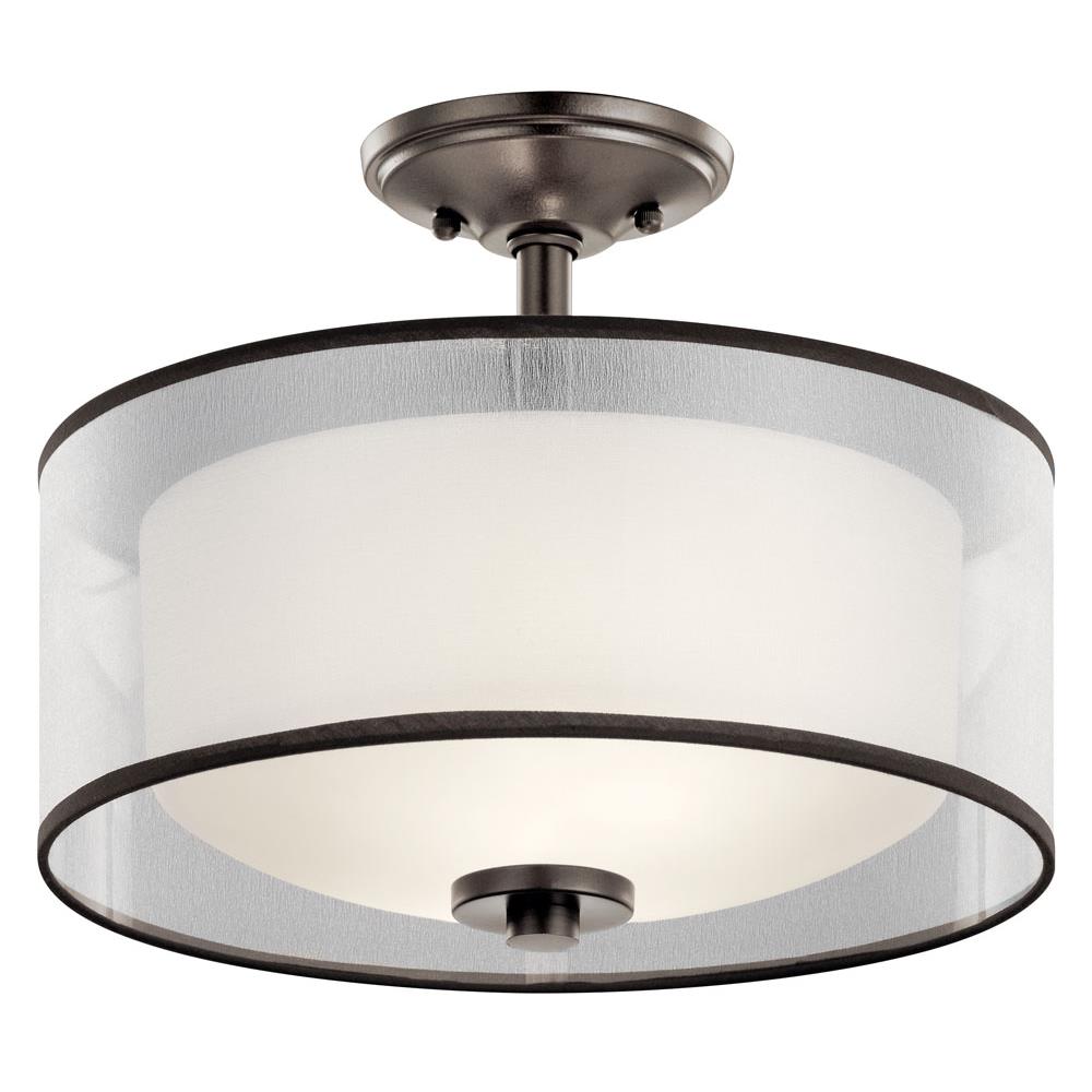 Kichler 43154MIZ Tallie 13.5" 2 Light Semi Flush with Satin Etched White Inner Diffuser and Light Umber Translucent Organza Outer Shade in Mission Bronze in Mission Bronze