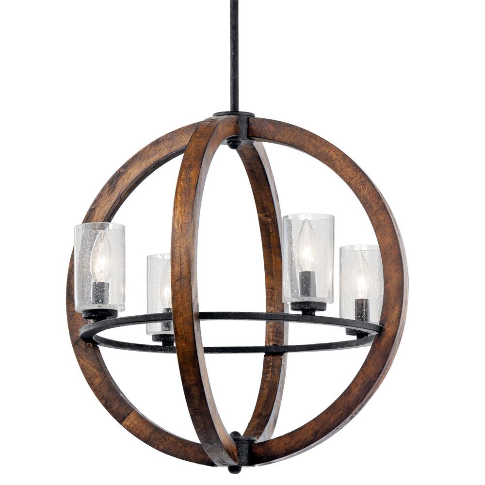Kichler 43185AUB Grand Bank 21.5" 4 Light Chandelier with Clear Seeded Glass in Auburn Stained Wood and Distressed Black Metal in Auburn Stained Finish with Distressed Black Metal