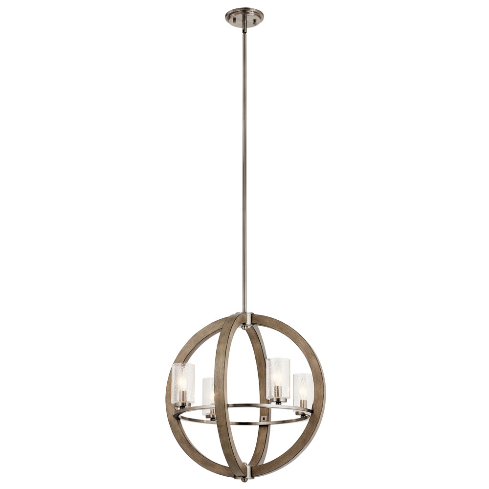 Kichler 43185DAG Grand Bank 21.5" 4 Light Chandelier with Clear Seeded Glass in Distressed Antique Gray Wood and Classic Pewter Metal in Distressed Antique Gray Wood with Classic Pewter Metal