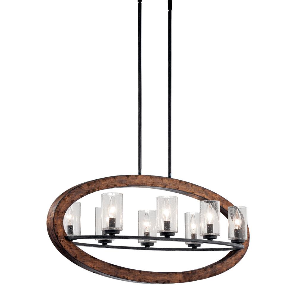 Kichler 43191AUB Grand Bank 15.75" 8 Light Oval Chandelier with Clear Seeded Glass in Auburn Stained Wood and Distressed Black Metal in Auburn Stained Finish with Distressed Black Metal