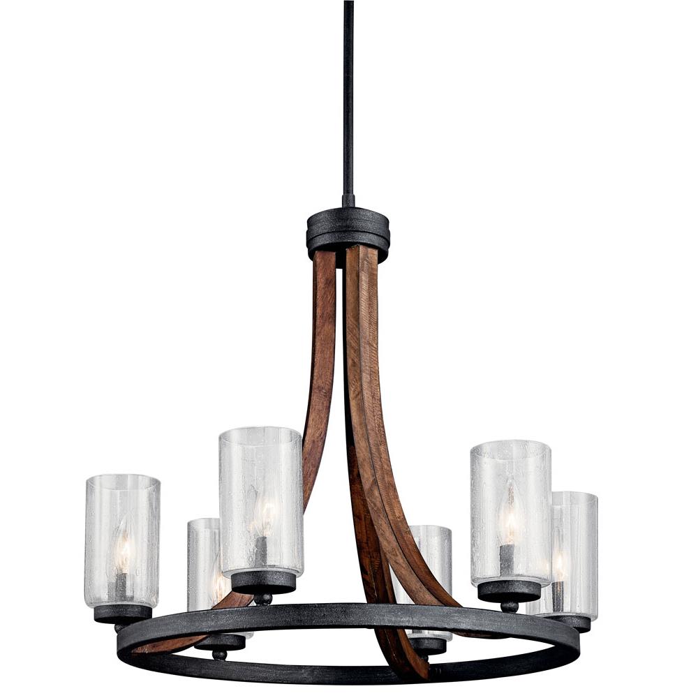 Kichler 43193AUB Grand Bank 22.5" 6 Light Chandelier with Clear Seeded Glass in Auburn Stained Wood and Distressed Black Metal in Auburn Stained Finish with Distressed Black Metal