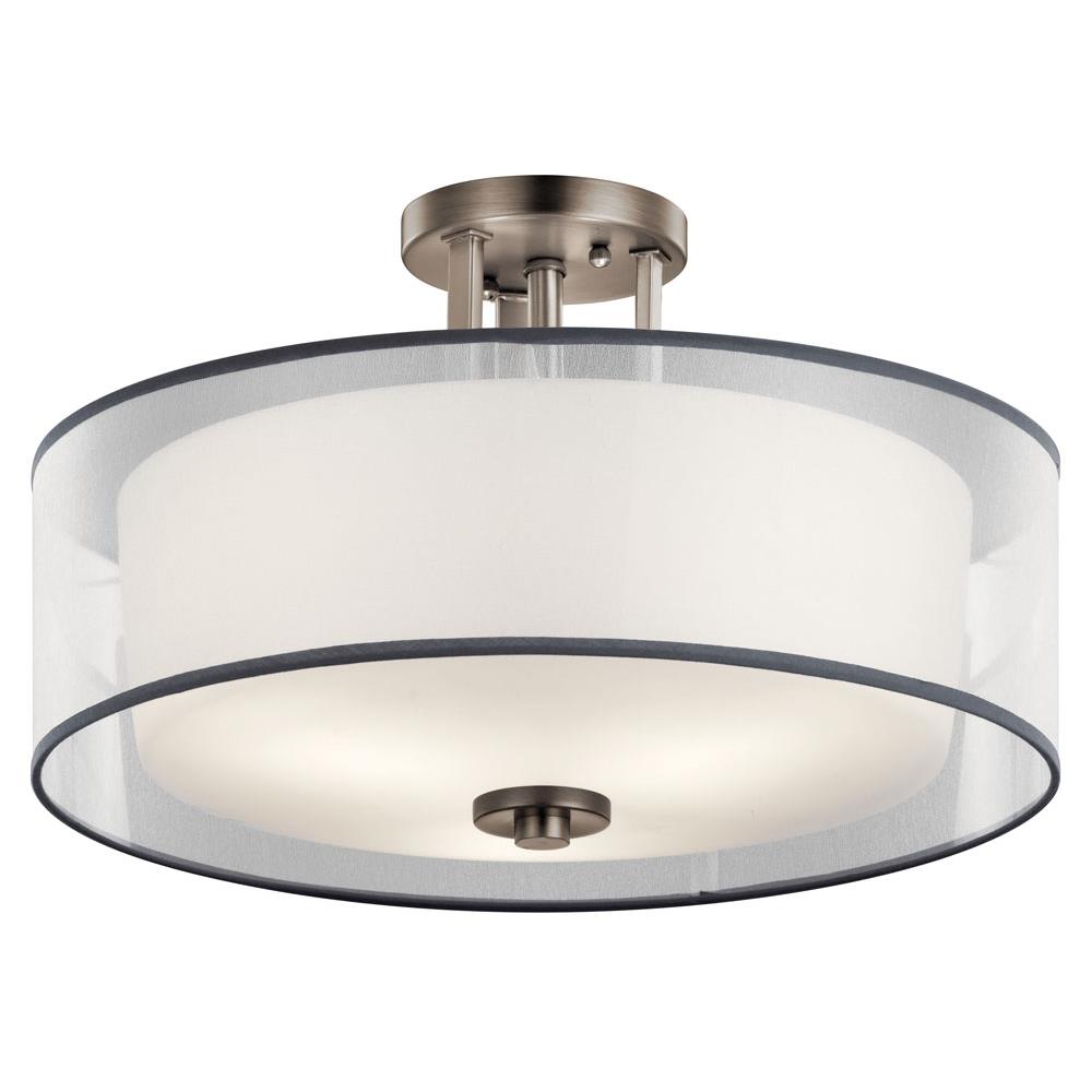 Kichler 43194AP Tallie 18" 3 Light Semi Flush with Satin Etched White Inner Diffuser and White Translucent Organza Outer Shade in Antique Pewter in Antique Pewter