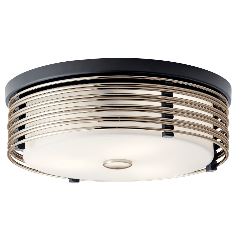 Kichler 43293BK Bensimone 15.25", 2 Light Flush Mount with Satin Etched Cased Opal in Black and Polished Nickel