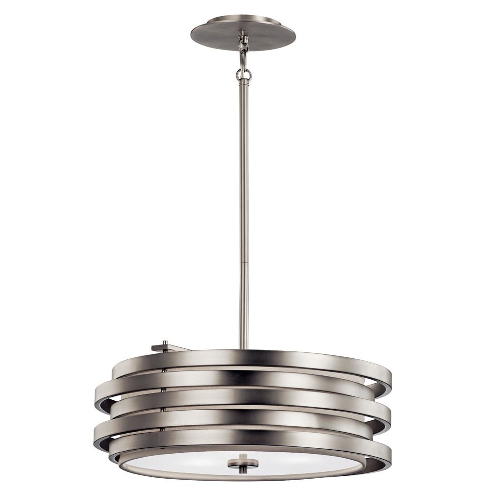 Kichler 43301NI Roswell 7.25" 3 Light Pendant with Satin Etched Diffuser and Off White Linen Shade in Brushed Nickel