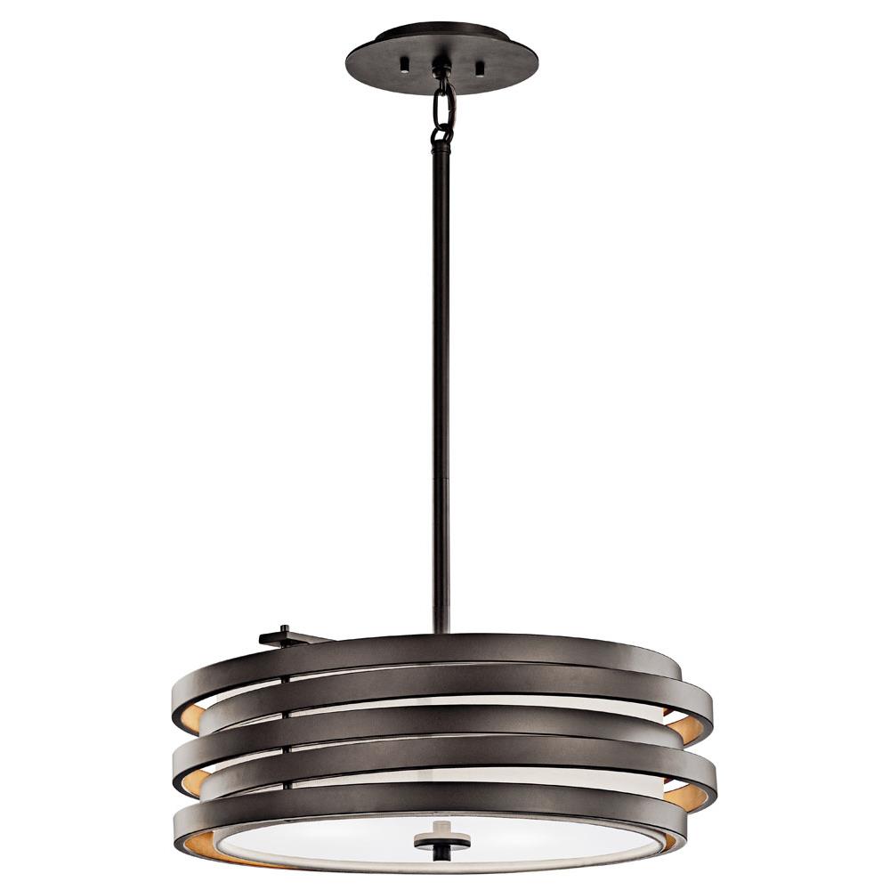 Kichler 43301OZ Roswell 7.25" 3 Light Pendant with Satin Etched Diffuser and Off White Linen Shade in Olde Bronze in Olde Bronze®