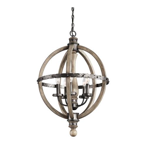 Kichler 43324DAG Evan 30" 5 Light Chandelier in Distressed Antique Gray Wood with Anvil Iron Detailing in Distressed Antique Gray Wood with Anvil Iron 