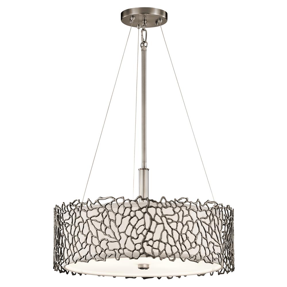 Kichler 43346CLP Silver Coral 11" 3 Light Convertible Pendant with Etched Diffuser and White Fabric Shade in Classic Pewter in Classic Pewter