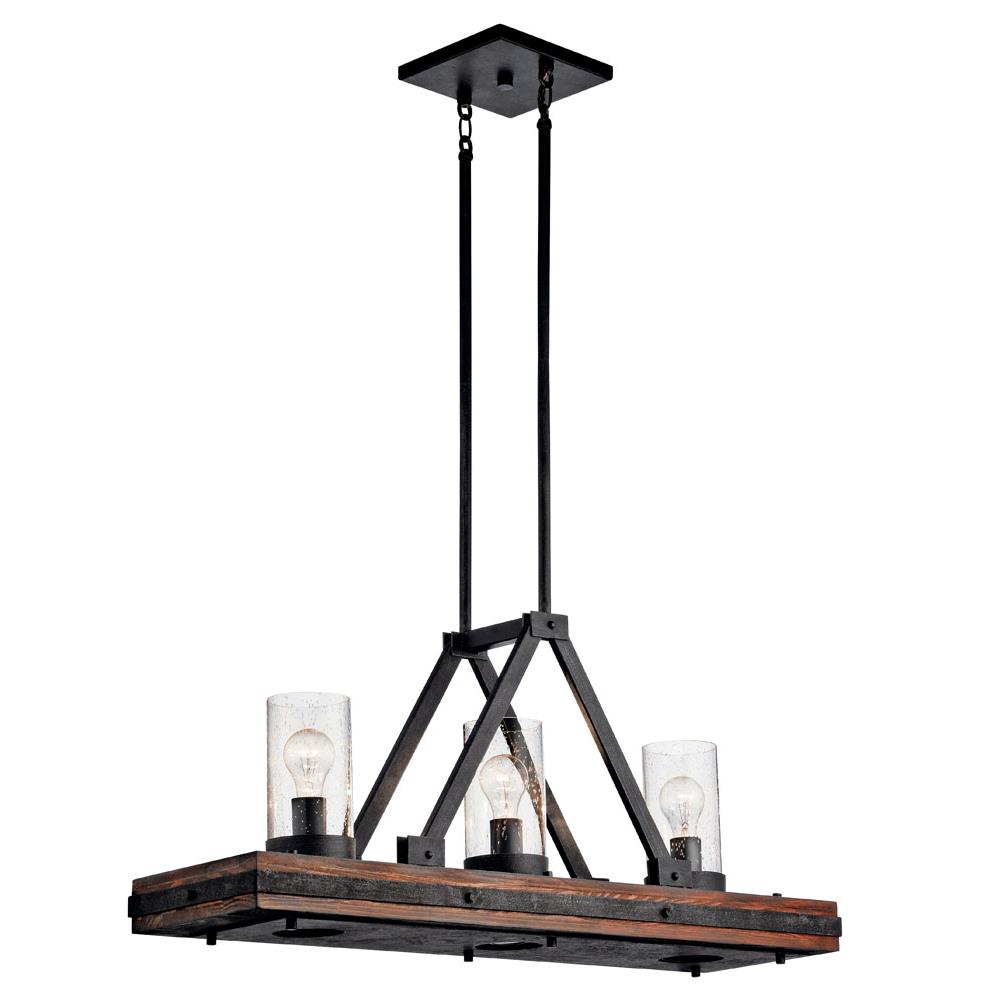 Kichler 43433AUB Colerne 16.75" 6 Light Linear Chandelier Clear Seeded Glass  Auburn Stained™ in Auburn Stained™ Wood and Distressed Black Metal finish with clear seeded glass
