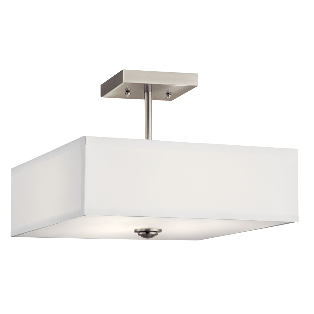 Kichler 43691NI Shailene 14" 3 Light Square Semi Flush with Satin Etched White Diffuser and White Microfiber Shade in Brushed Nickel