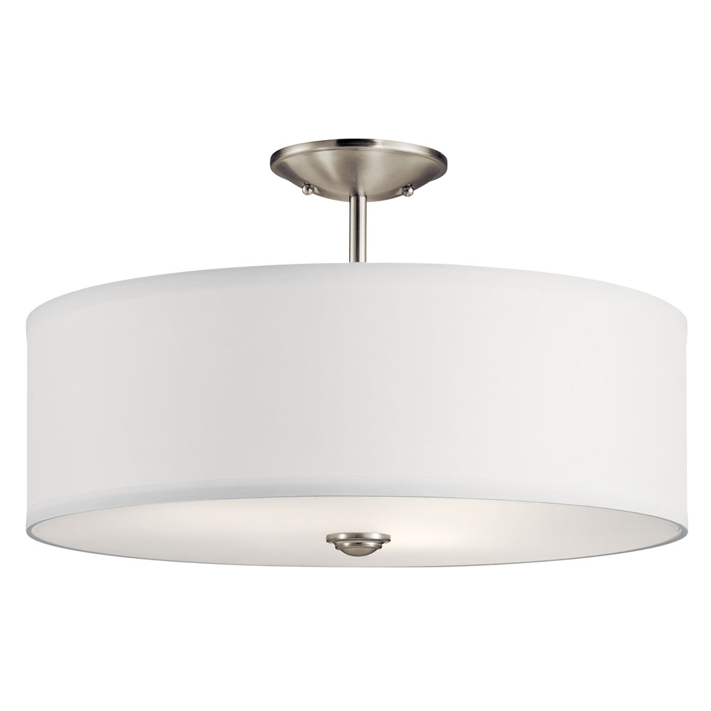 Kichler 43692NI Shailene 18" 3 Light Round Semi Flush with Satin Etched White Diffuser and White Microfiber Shade in Brushed Nickel