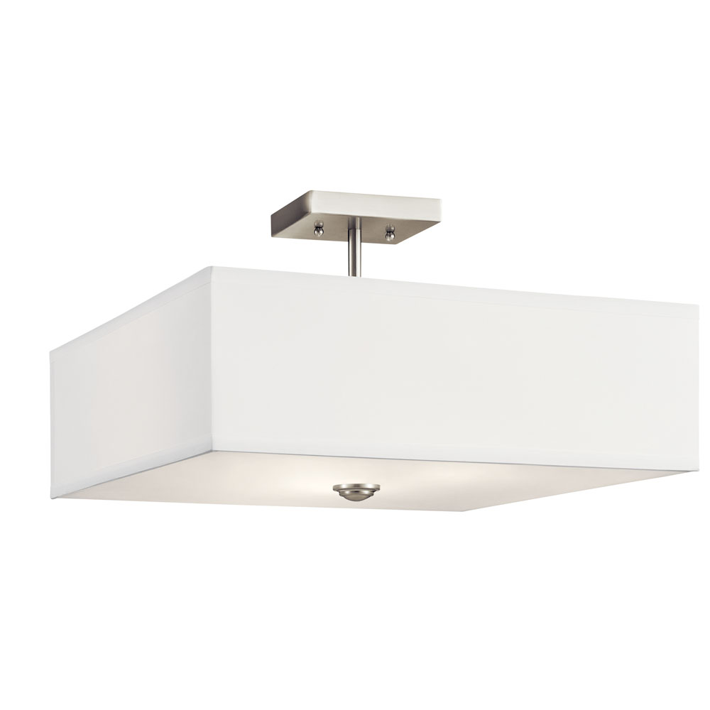 Kichler 43693NI Shailene 18" 3 Light Square Semi Flush with Satin Etched White Diffuser and White Microfiber Shade in Brushed Nickel