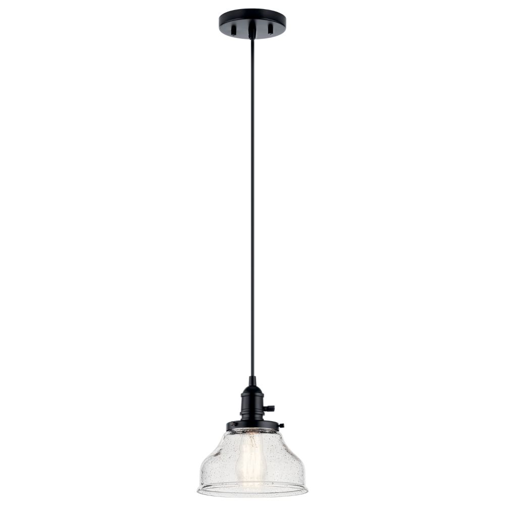 Kichler 43850BK Avery 8.5 Inch 1 Light Bell Mini Pendant with Clear Seeded Glass in Black