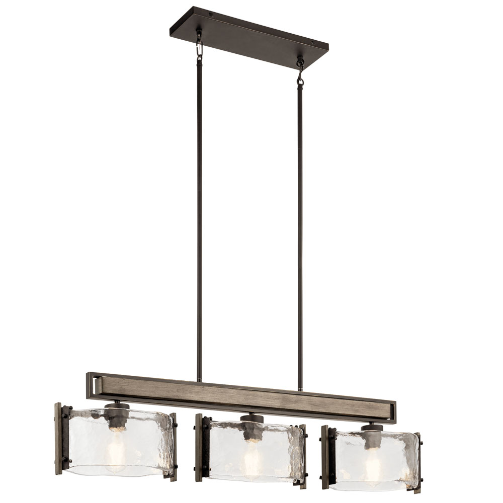 Kichler 43896OZ Aberdeen 9.75" 3 Light Linear Chandelier with Piastra Glass in Olde Bronze® and Distressed Antique Gray with Rust Accents in Olde Bronze®