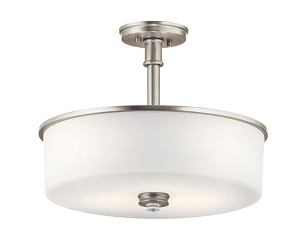 Kichler 43925NIL18 Joelson 17.75" 3 Light LED Convertible Pendant or Semi Flush with Satin Etched Cased Opal and Clear Glass Accent Glass in Brushed Nickel
