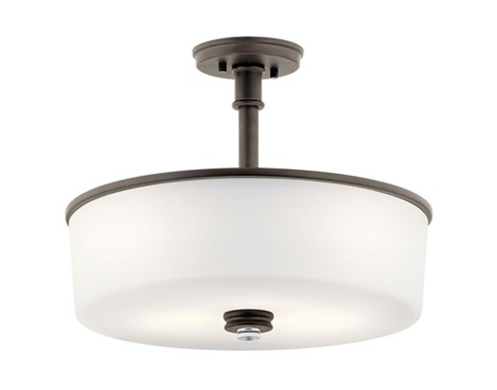 Kichler 43925OZL18 Joelson 17.75" 3 Light LED Convertible Pendant or Semi Flush with Satin Etched Cased Opal and Clear Glass Accent Glass in Olde Bronze®