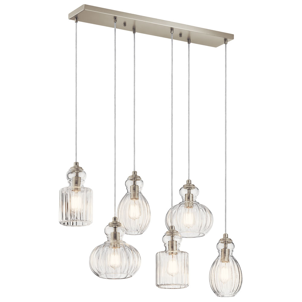 Kichler 43950NI Riviera 35.5" 6 Light Linear Chandelier with Clear Ribbed Glass in Brushed Nickel
