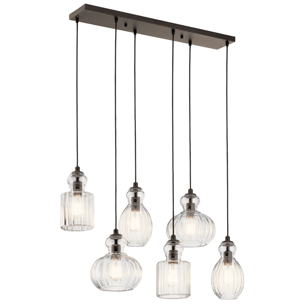 Kichler 43950OZ Riviera 35.5" 6 Light Linear Chandelier with Clear Ribbed Glass in Olde Bronze in Olde Bronze®