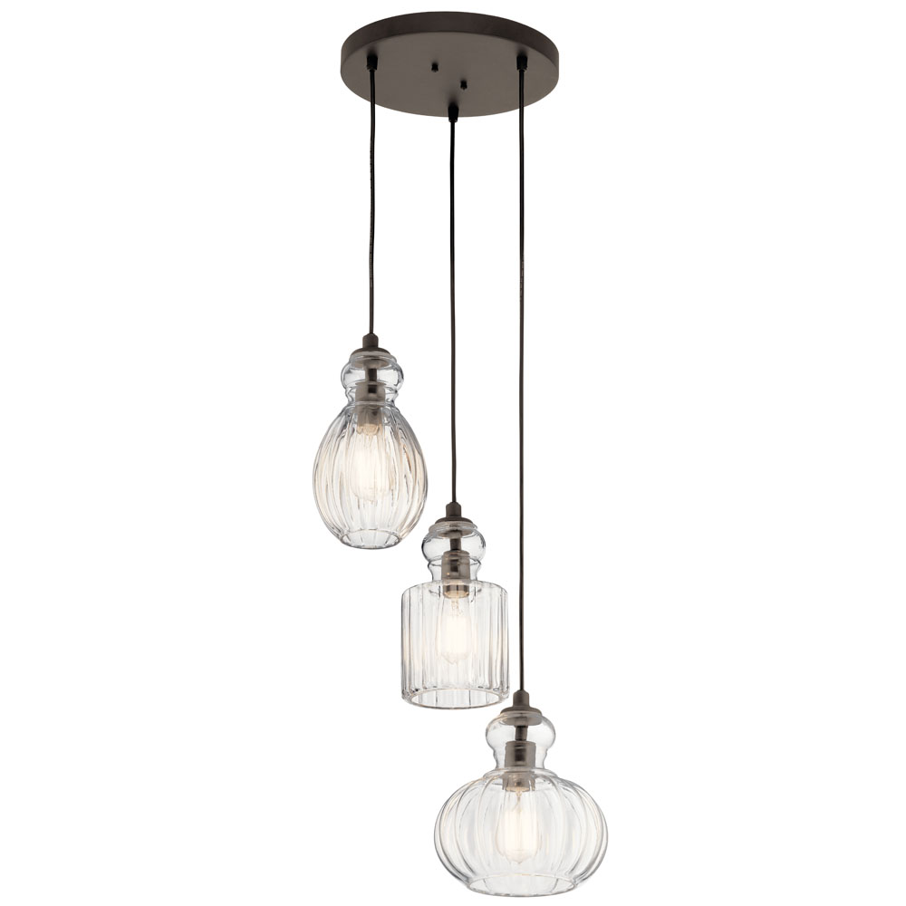 Kichler 43952OZ Riviera 10.25" 3 Light Pendant with Clear Ribbed Glass in Olde Bronze in Olde Bronze®