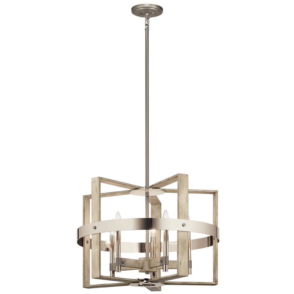 Kichler 44290WWW Peyton 17.75" 5 Light Chandelier White Washed Wood and Polished and Satin Nickel Metal Details in White Washed Wood