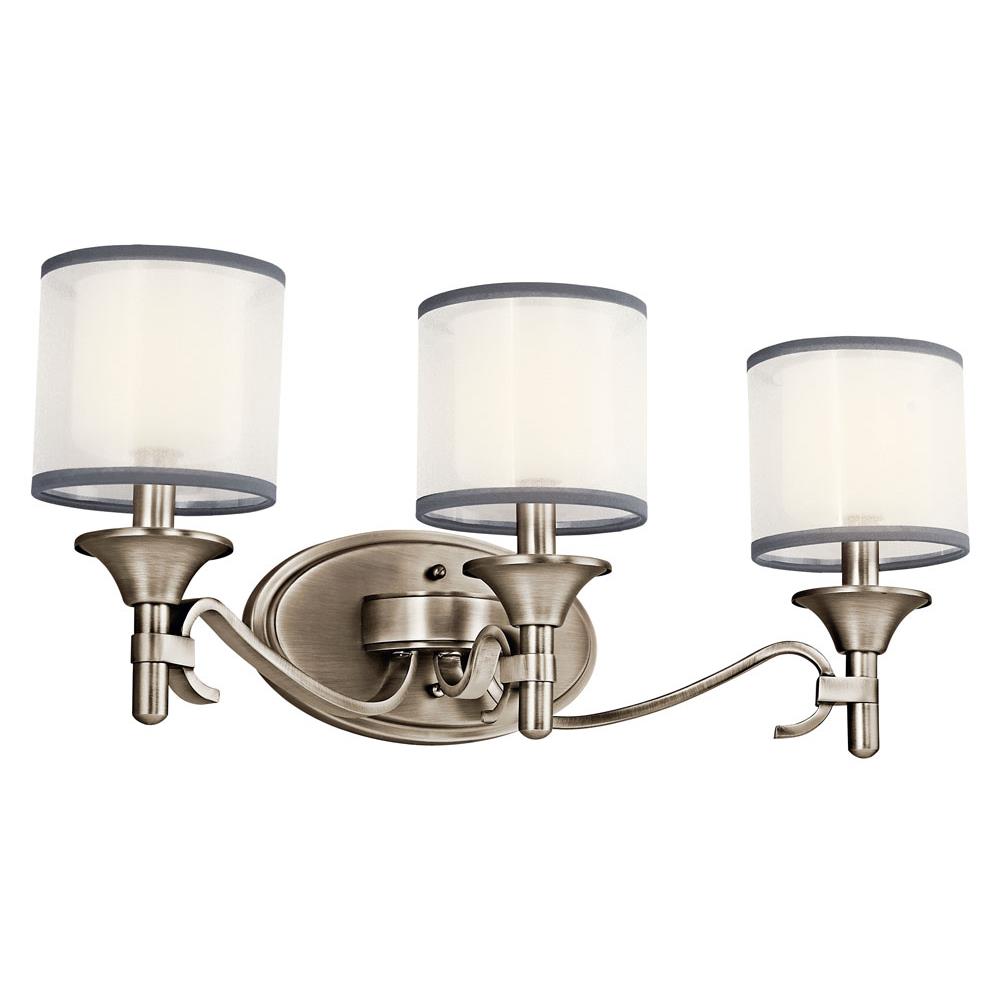 Kichler 45283AP Lacey 10" 3 Light Vanity Light with Satin Etched Cased White Inner Diffusers and Gray Trimmed White Translucent Organza Outer Shade in Antique Pewter in Antique Pewter