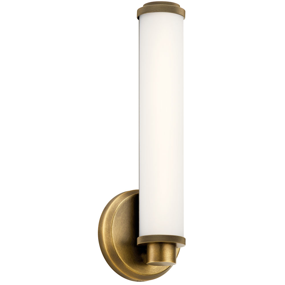 Kichler 45686NBRLED Indeco 14.5" LED Linear Vanity Light with Satin Etched White Glass in Natural Brass in Natural Brass