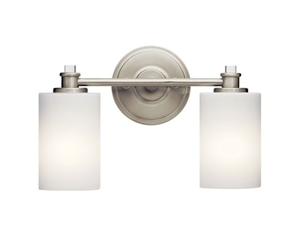 Kichler 45922NIL18 Joelson 14" 2 Light LED Vanity Light with Satin Etched Cased Opal and Clear Glass Accent Glass in Brushed Nickel