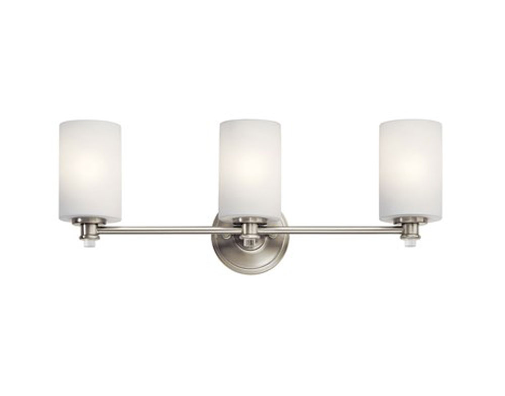Kichler 45923NIL18 Joelson 24" 3 Light LED Vanity Light with Satin Etched Cased Opal and Clear Glass Accent Glass in Brushed Nickel