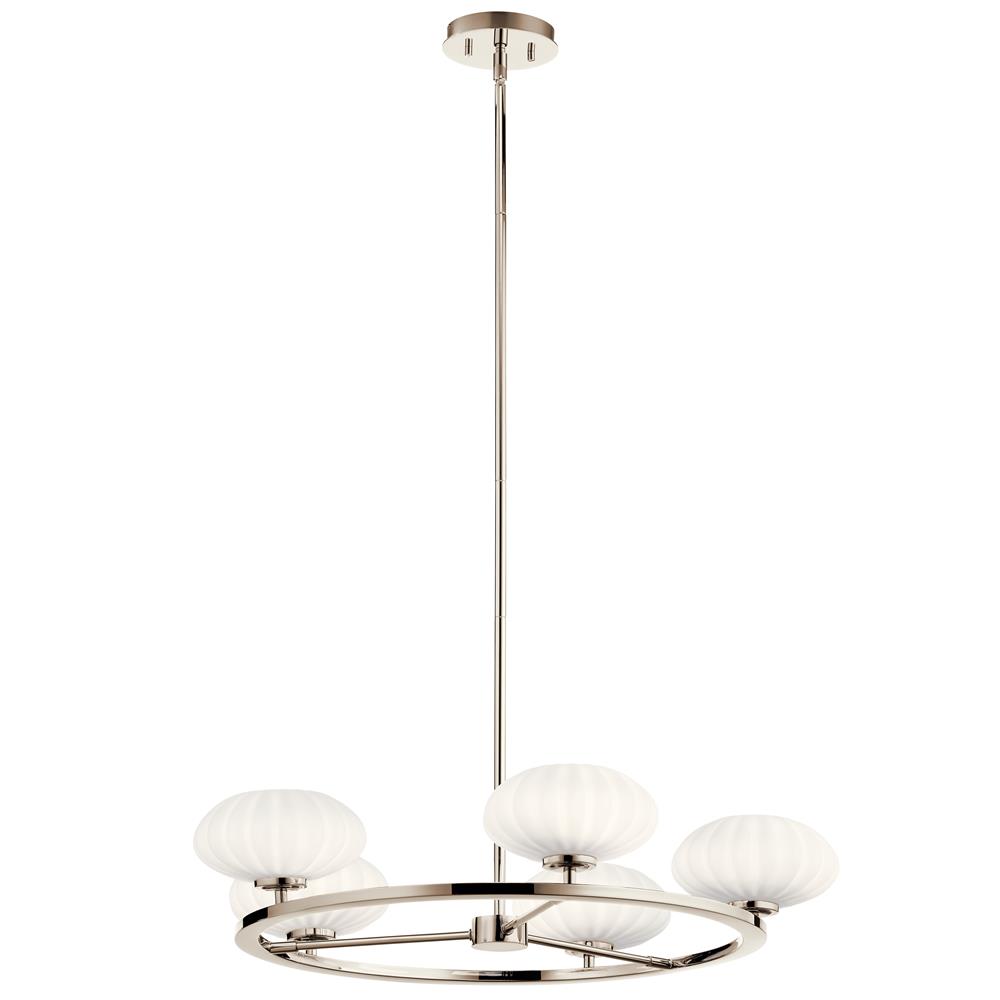 Kichler 52223PN Pim 40" 5 Light Round Chandelier with Satin Etched Cased Opal Glass in Polished Nickel in Polished Nickel