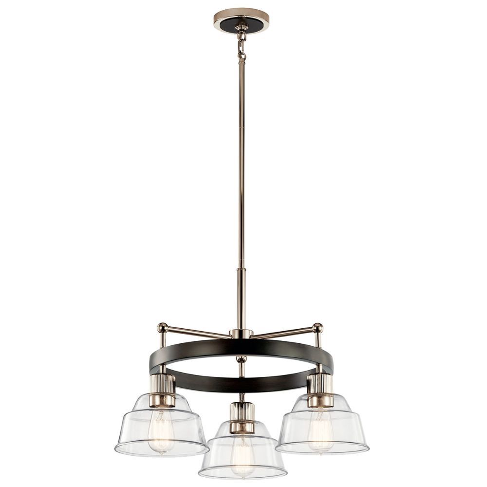Kichler 52402PN Eastmont 3 Light Chandelier with Clear Glass Polished Nickel and Walnut Wood