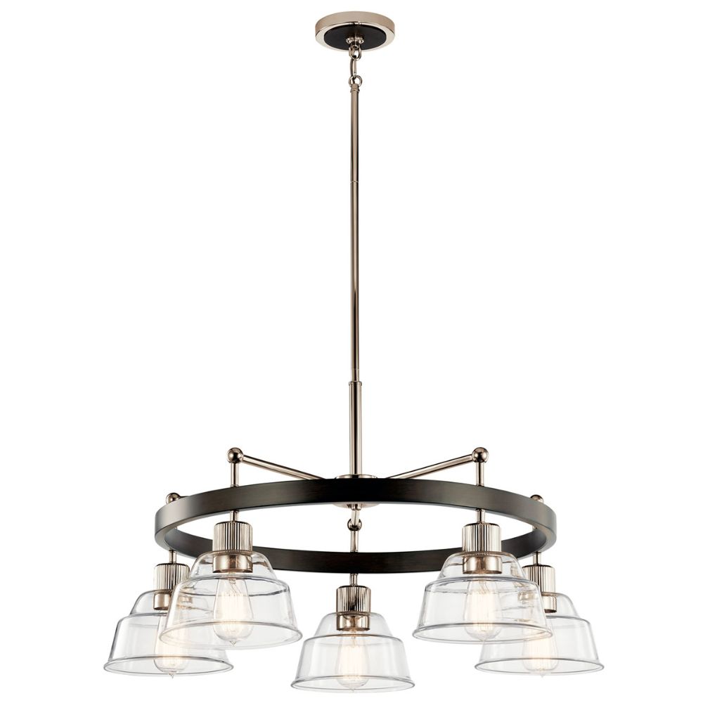 Kichler 52403PN Eastmont 5 Light Chandelier with Clear Glass Polished Nickel and Walnut Wood
