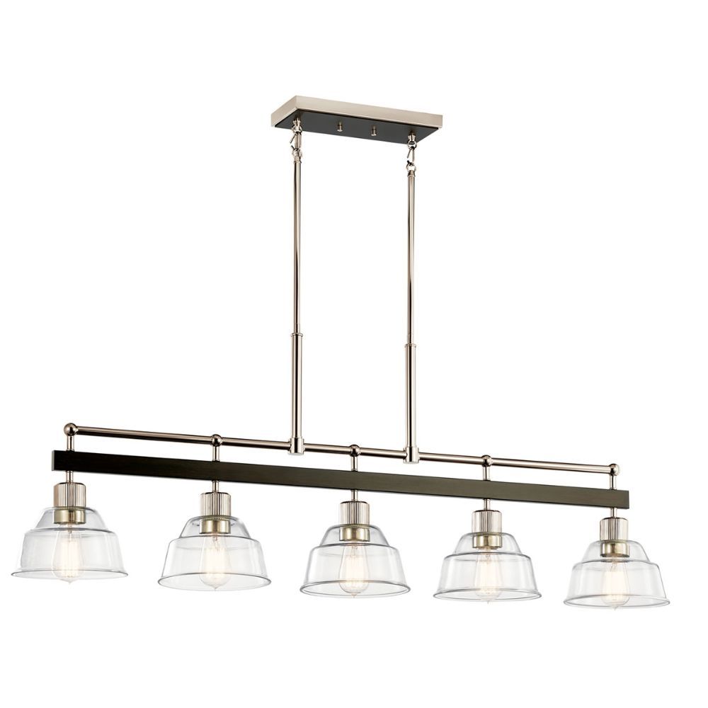 Kichler 52404PN Eastmont 5 Light Linear Chandelier with Clear Glass Polished Nickel and Walnut Wood