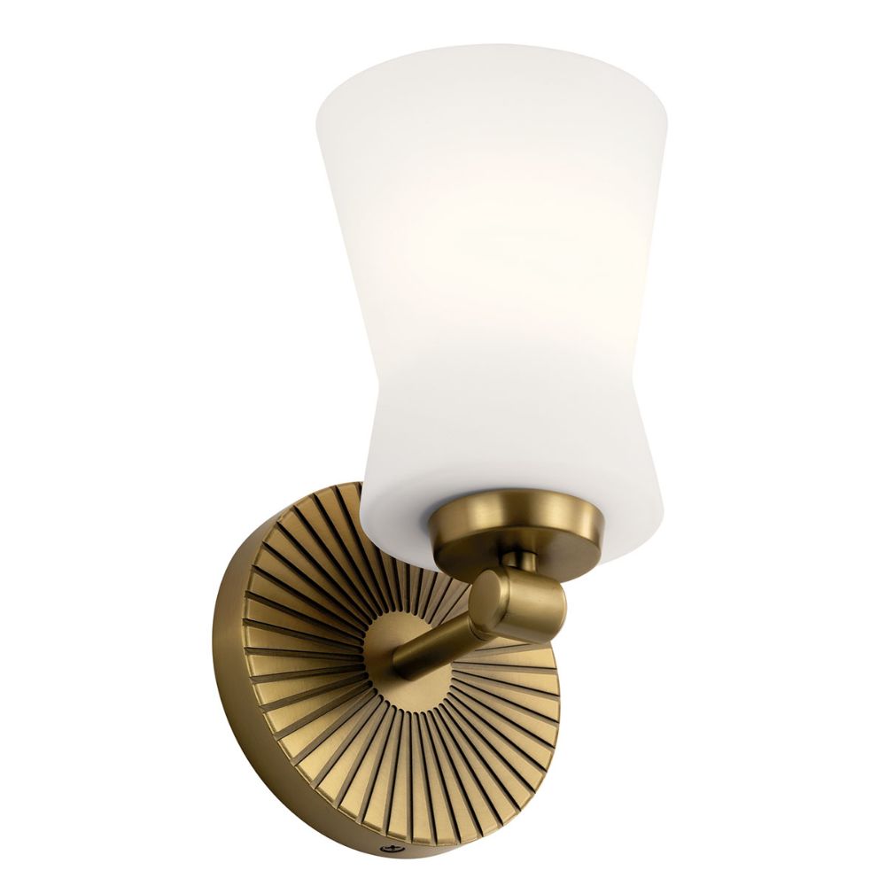 Kichler 55115BNB Brianne 9.5" 1 Light Wall Sconce with Satin Etched Cased Opal Glass Brushed Natural Brass