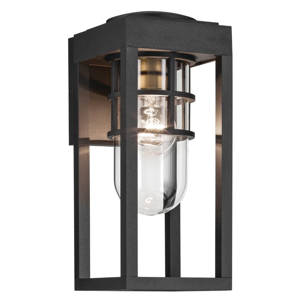 Kichler 59137BKT Hone 13 inch 1 Light Outdoor Wall Light with Clear Glass in Textured Black with Natural Brass Accent