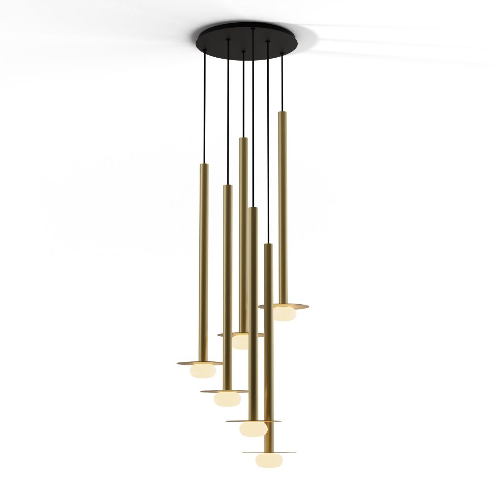 Koncept Lighting CMP-C6-S-36-BRS+MBRS9+GLB Combi Pendant 36" Circular 6 Combo Brass with Matte Black Canopy, 9" metal plate (Brass) attachment, Glass Ball attachment, Suspension / Flush Mount 2-in-1