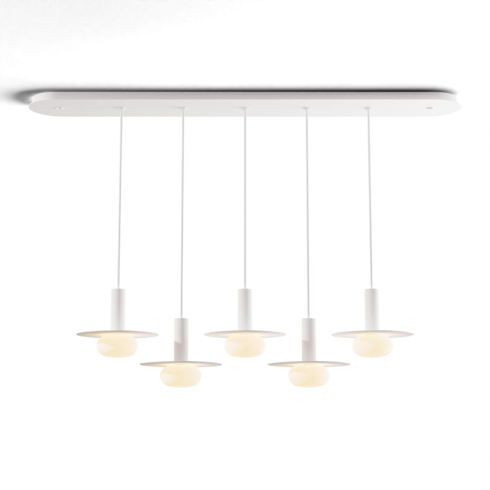 Koncept Lighting CMP-L5-S-06-MWT+MPTB9+GLB Combi Pendant 6" Linear 5 Combo Matte White with Matte White Canopy, 9" metal plate (White/Paintable) attachment, Glass Ball attachment, Suspension / Flush Mount 2-in-1