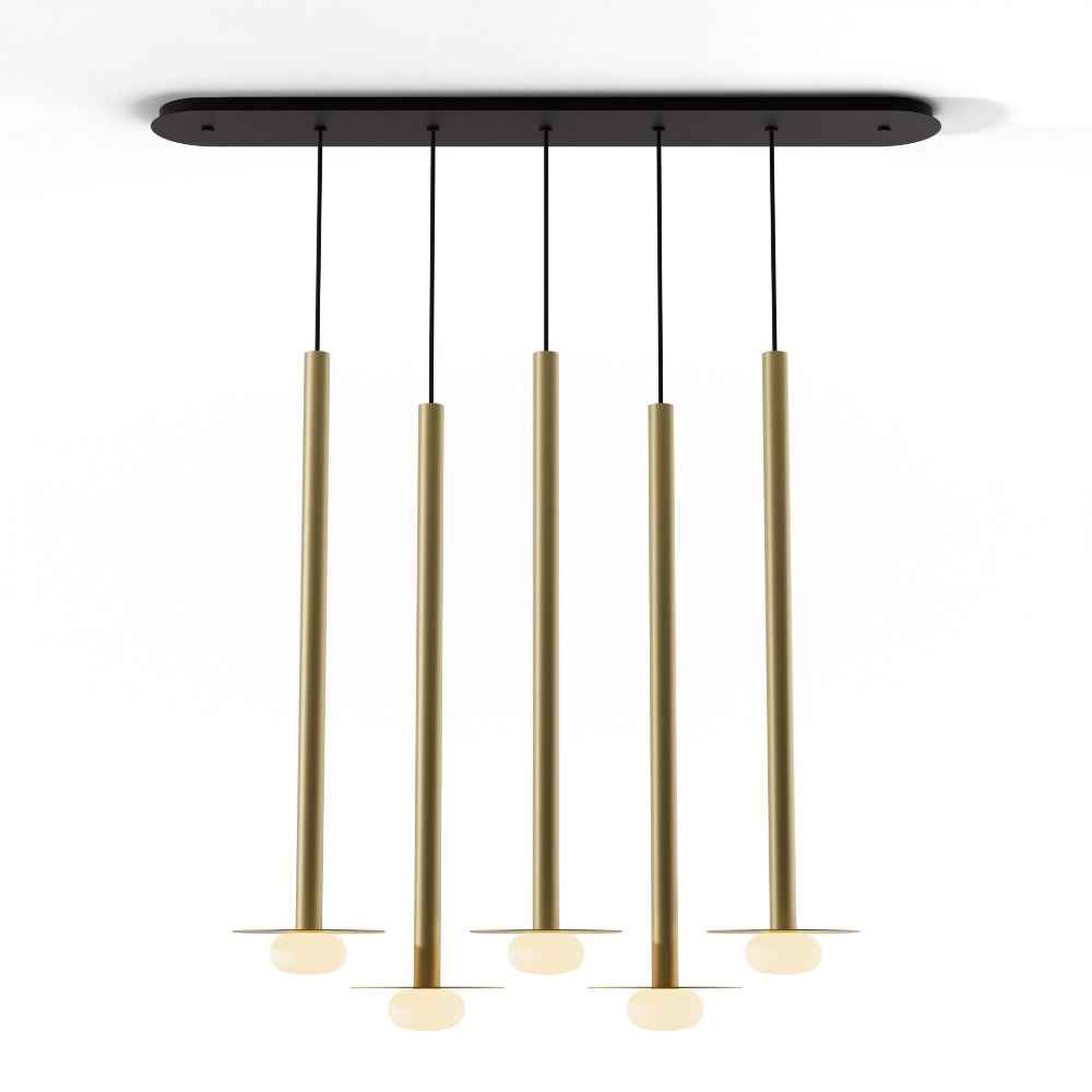 Koncept Lighting CMP-L5-S-36-BRS+MBRS9+GLB Combi Pendant 36" Linear 5 Combo Brass with Matte Black Canopy, 9" metal plate (Brass) attachment, Glass Ball attachment, Suspension / Flush Mount 2-in-1