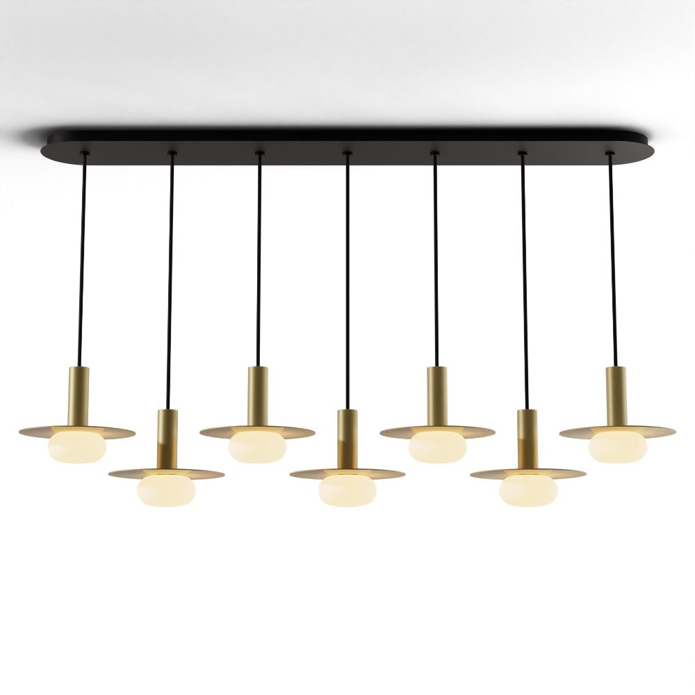 Koncept Lighting CMP-L7-S-06-BRS+MBRS9+GLB Combi Pendant 6" Linear 7 Combo Brass with Matte Black Canopy, 9" metal plate (Brass) attachment, Glass Ball attachment, Suspension / Flush Mount 2-in-1