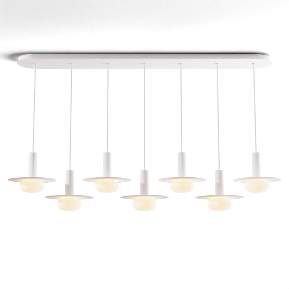 Koncept Lighting CMP-L7-S-06-MWT+MPTB9+GLB Combi Pendant 6" Linear 7 Combo Matte White with Matte White Canopy, 9" metal plate (White/Paintable) attachment, Glass Ball attachment, Suspension / Flush Mount 2-in-1