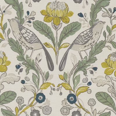 Clarke And Clarke F1316/02.CAC.0 Orchard birds Multipurpose Fabric in Birds forest/chartreuse