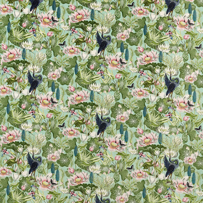 Clarke And Clarke F1591/03.CAC.0 Waterlily Multipurpose Fabric in Mineral Velvet/Turquoise/Multi