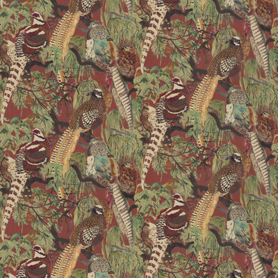 Mulberry FD269.V54.0 Game Birds Linen Multipurpose Fabric in Red/plum/Red/Green
