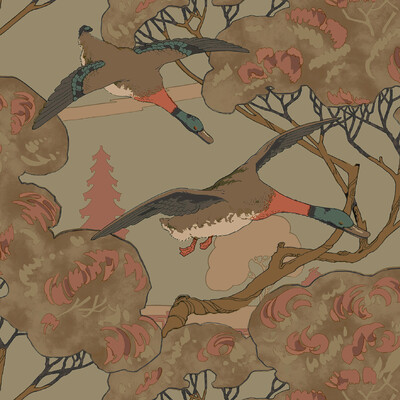 Mulberry FG102.S108.0 Grand Flying Ducks Wallcovering in Sage