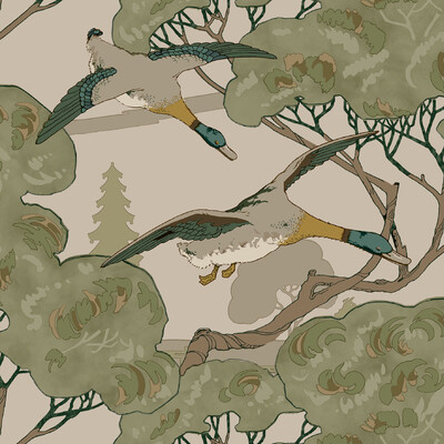 Mulberry FG102.S16.0 Grand Flying Ducks Wallcovering in Emerald