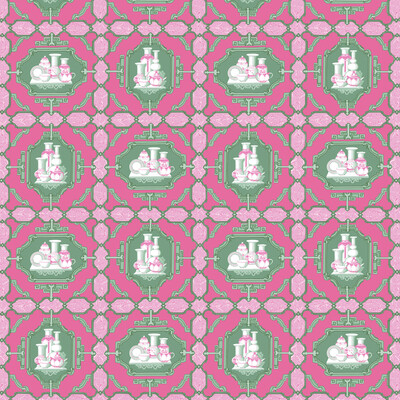 Gaston Y Daniela GDT5544.001.0 Porcelanas Multipurpose Fabric in Rosa/verde/Fuschia/Green/Pink