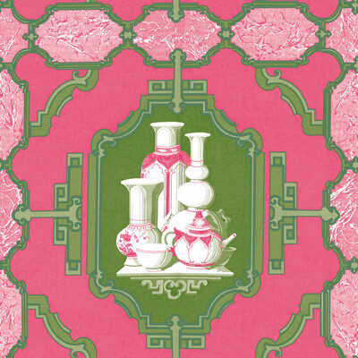Gaston Y Daniela GDW5445.001.0 Porcelanas Wallcovering Fabric in Frambuesa/verde/Pink/Green/Ivory