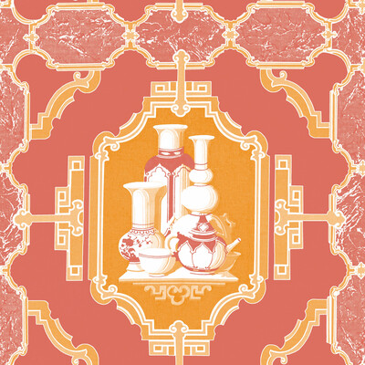 Gaston Y Daniela GDW5445.002.0 Porcelanas Wallcovering Fabric in Pomelo/Orange/Pink/Ivory
